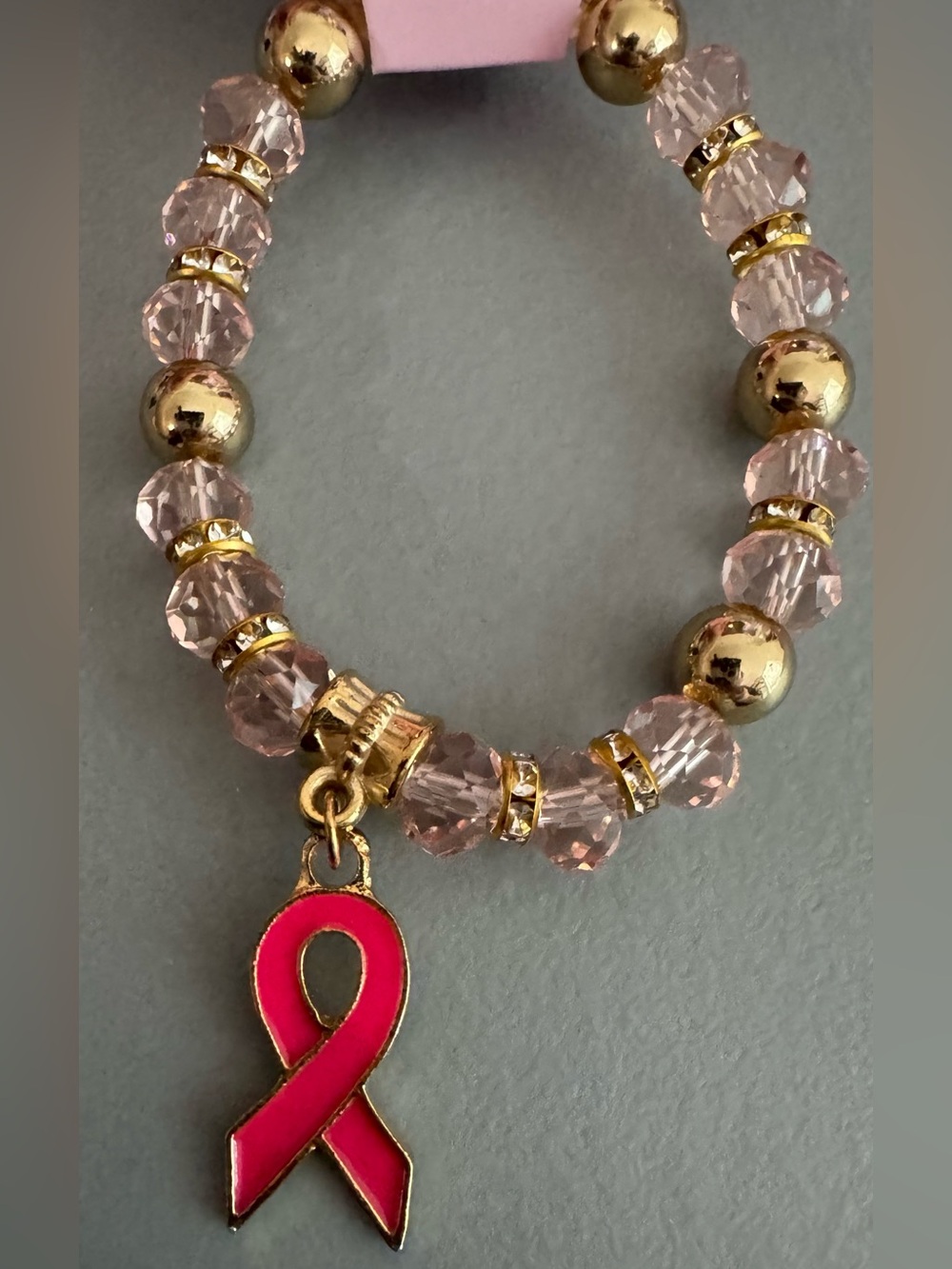 Pink Ribbon Charm Stretch Bracelet with Gold Beads glass bead